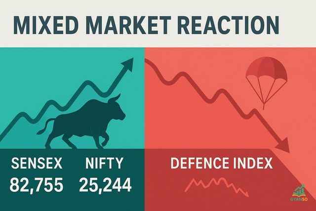 A split-screen infographic showing market vs. defence stocks performance.