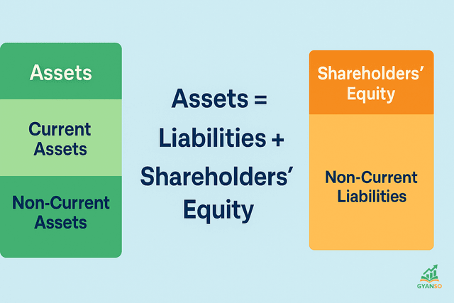 Balance Sheet का मूल समीकरण: Assets = Liabilities + Shareholders' Equity
