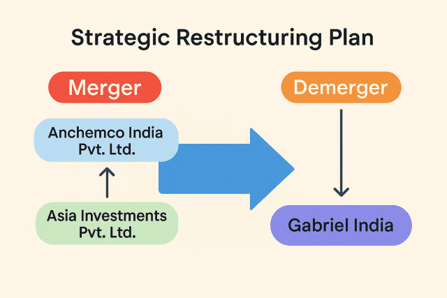 A flowchart illustrating the restructuring plan: Anchemco merges into AIPL, and then AIPL's automotive business demerges into Gabriel India.