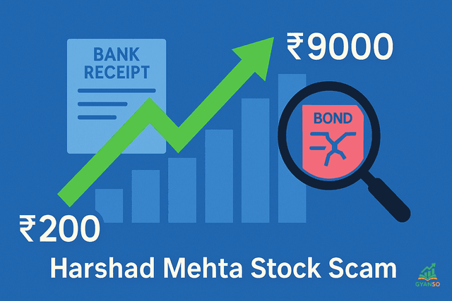 A visual representation of the Harshad Mehta scam, showing fake bank receipts being used to inflate stock prices.
