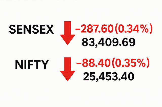 Stock market graph showing a downward trend with red arrows, symbolizing the fall of Sensex and Nifty.