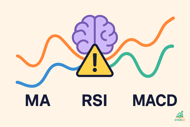 A stock chart displaying the price along with three common indicators below it: a Moving Average line on the price chart, and separate panes for the RSI and MACD indicators.